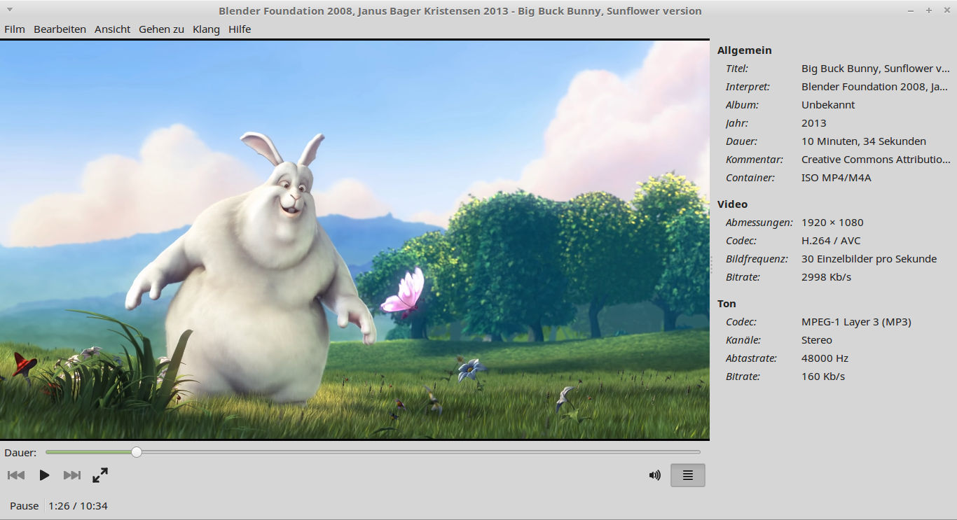 Big Buck Bunny 2D, 1080p in VLC