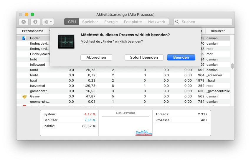 Aktivitätsanzeige kann fehlgeleitete Apps, wie den Finder schließen.