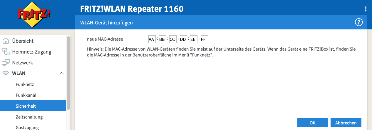 Als Ergebnis plaziert das Script die MAC-Addresse mit einem Klick in der Einrichtungsseite.