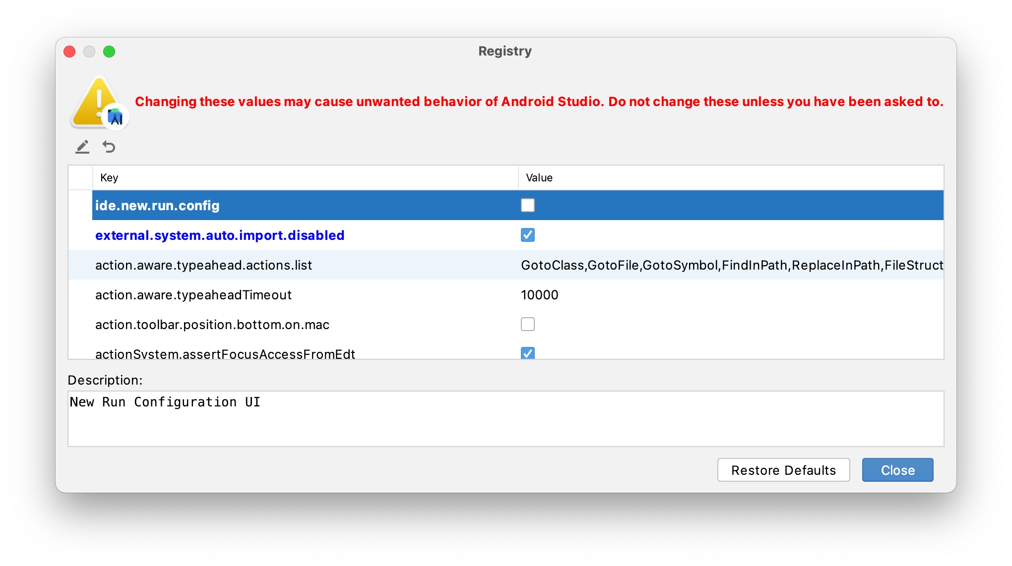 Alter Android Studio Run Config Dialog